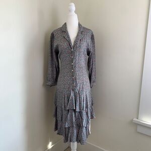 Vtg Floral Midi Dress 10 L Purple Tiered Ruffle Ditsy Prairie Peasant Cottage